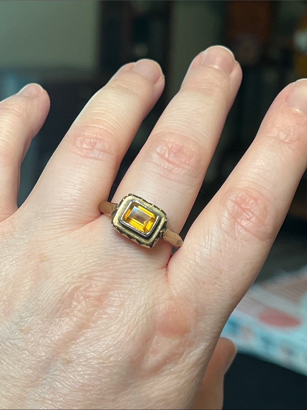 VTG Etruscan Style Gold Brass Petal Sterling Silver Emerald Cut Citrine Ring